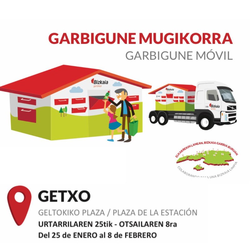 GetxoUdala's tweet photo. ♻️ Garbikerren #Garbigune mugikorra Areetako Geltokia plazan egongo da urtarrilaren 25etik otsailaren 8ra.

🎯 Horren helburua da #birziklapena-ren kontzeptua Bizkaiko herritarrentzat errazagoa eta hurbilagoa egitea. 

ℹ️ INFORMAZIO GEHIAGO👇🏼 #Getxo