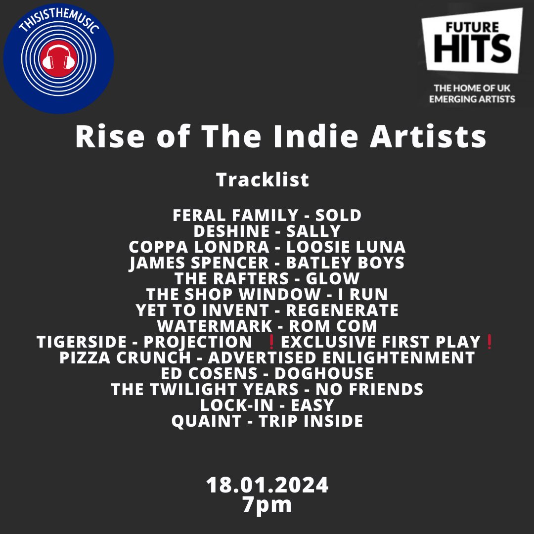 The latest Rise Of The Indie Artists show is on demand now! 
@FERALFAMILYUK @Deshineband @CoppaLondra James Spencer @TheRafters2 @TheShopWindow1 @YetToInvent @watermark_uk @Tigerside @PizzaCrunchband @edcosens @TTYearsOfficial @Lockin_Band Quaint 

mixcloud.com/futurehitsradi…