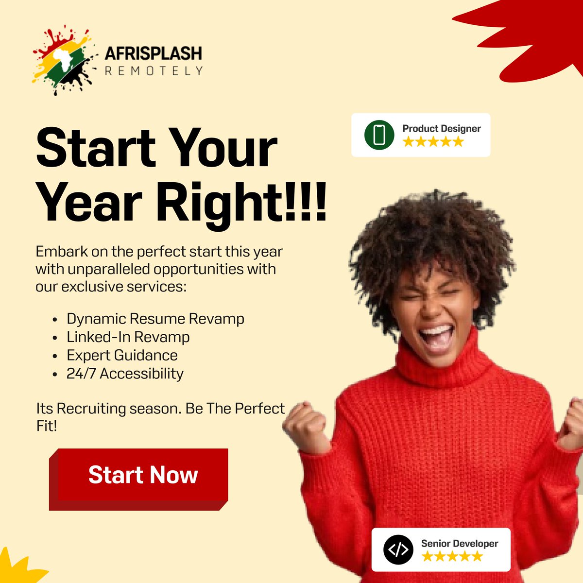 Hey AfriSplash Superstars,

Embark on the perfect start of the year by revamping your CV and elevating your career with our exclusive services! Craft a customized resume and transform your LinkedIn profile for unparalleled opportunities.

airtable.com/appMVjLaBQ4TFl…

#revampservice