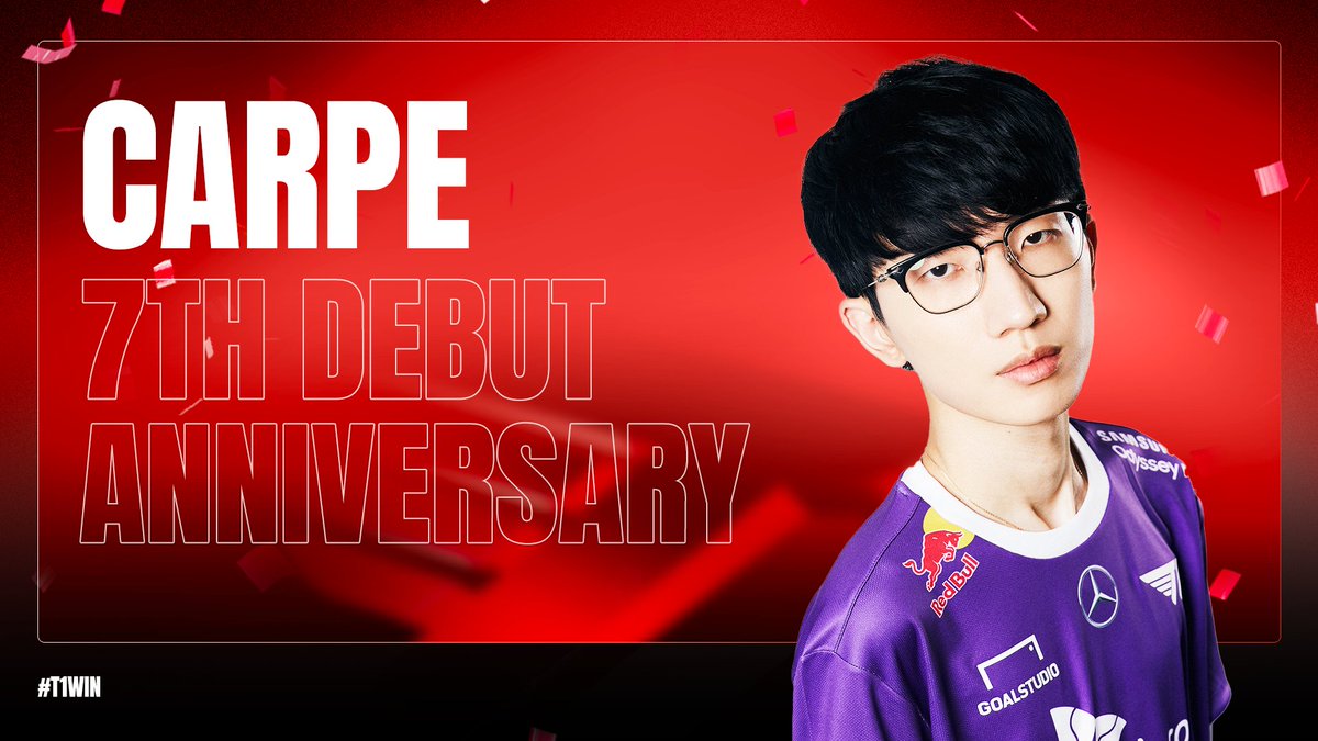 T1's tweet photo. T1 VALORANT팀의 명사수 @carpe_ow 선수의 데뷔 7주년을 축하합니다!🥳

Happy 7th debut anniversary to our sharpshooter 'Carpe'!🥳

T1 VALORANTの名詞数「Carpe」がデビュー7周年を迎えます!🥳

#T1WIN #T1Fighting https://t.co/0gUzs6XALe
