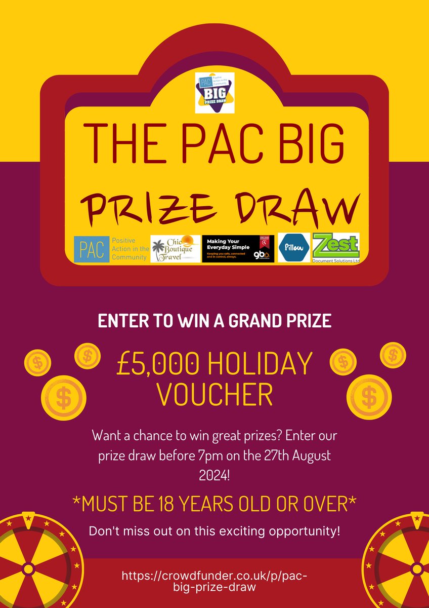 The three prizes are: - A £5,000 holiday voucher. - A weekend away for a family of 4 in the Peak District, including 2, day passes to the Gulliver's South Yorkshire theme park. - £250.00. It is £2.00 per ticket and they are available at crowdfunder.co.uk/p/pac-big-priz…