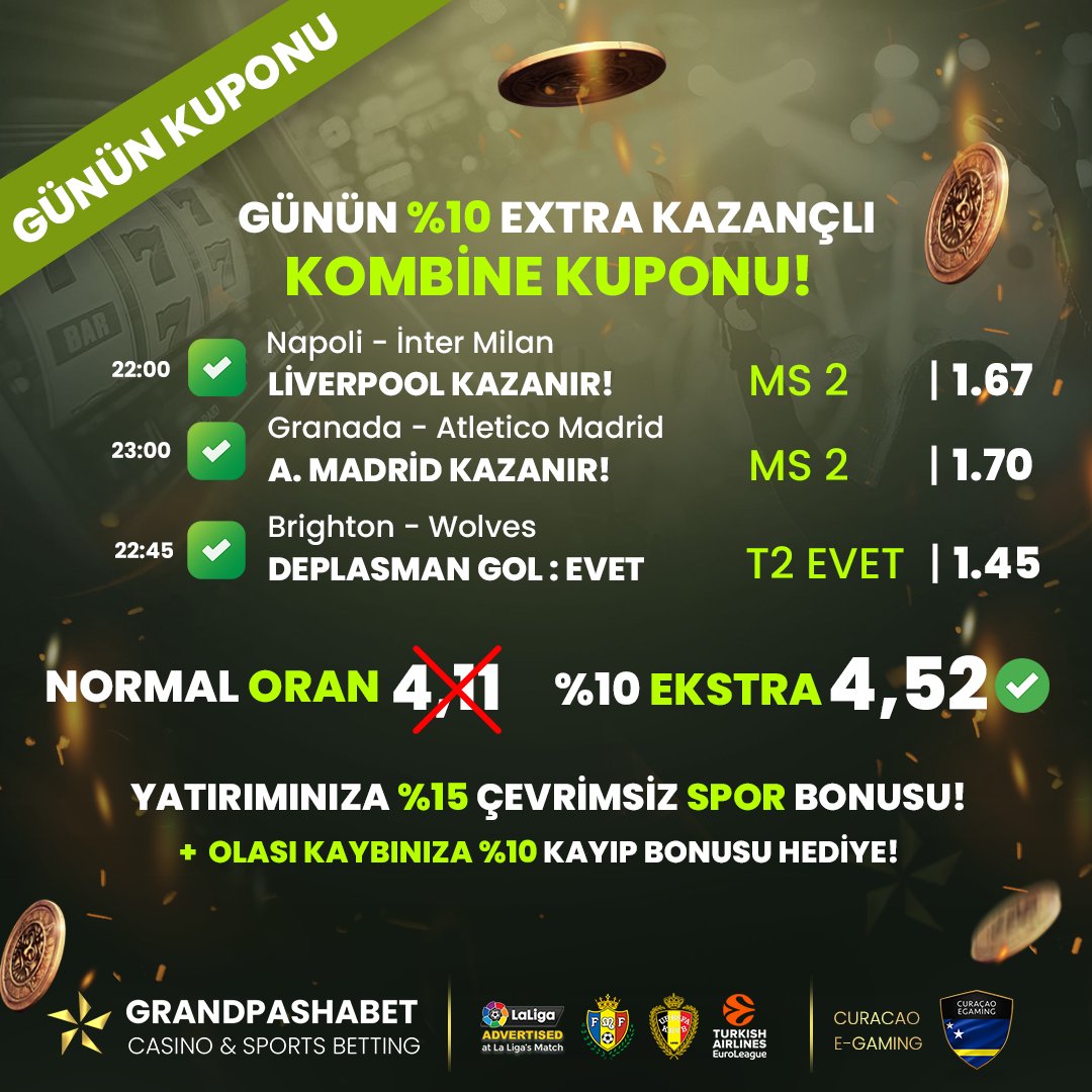 🔔#GRANDPASHABET'TEN GÜNÜN EXTRA %10 KAZANÇLI KOMBİNE KUPONU! ⭐GÜNÜN KOMBİNE KUPONUNA OYNA , KAZANCINA %10 EXTRA NAKİT PARA EKLENSİN! 📺Tüm Maçlar 4K Kalitesinde #grandpashabet TV'de! bit.ly/grandsosyal #grandpashabet #grandpasha #pashacasino