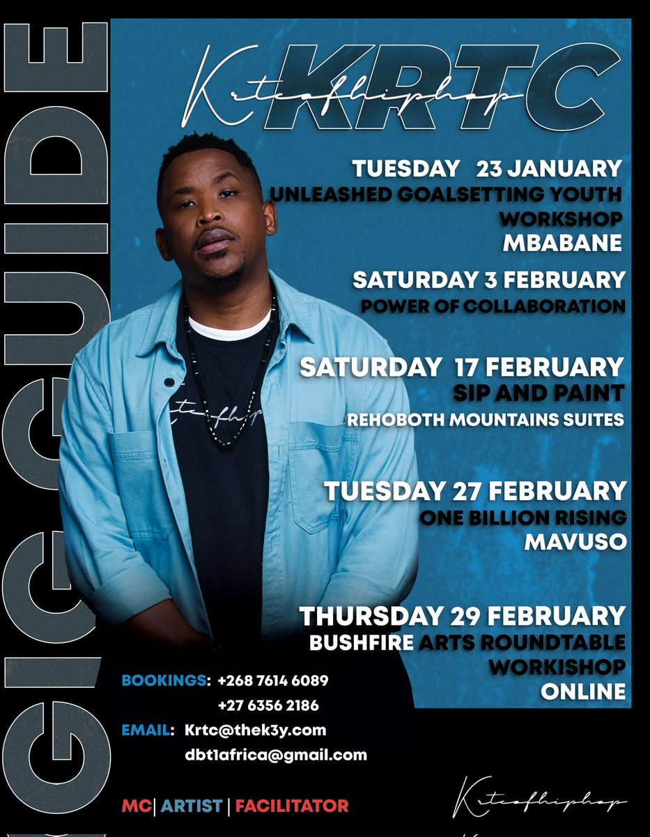 Exciting times ahead!

January and February is locked and loaded with MC Charm, Artistic Flair, and Facilitation Finesse. 

Let's turn every event into an unforgettable experience @dbtafrica

#GigLife #EventPro #Unleashed #BeTheGeneration #Release #MC #Artist #Facilitator