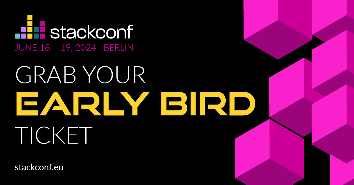 Don't miss out on the best deal! 
The Early Bird ticket sale for #stackconf ends on February 29. 
Get your ticket now for the event on June 18 &amp; 19 in Berlin! 
#devops #cloudnative #techevent
stackconf.eu