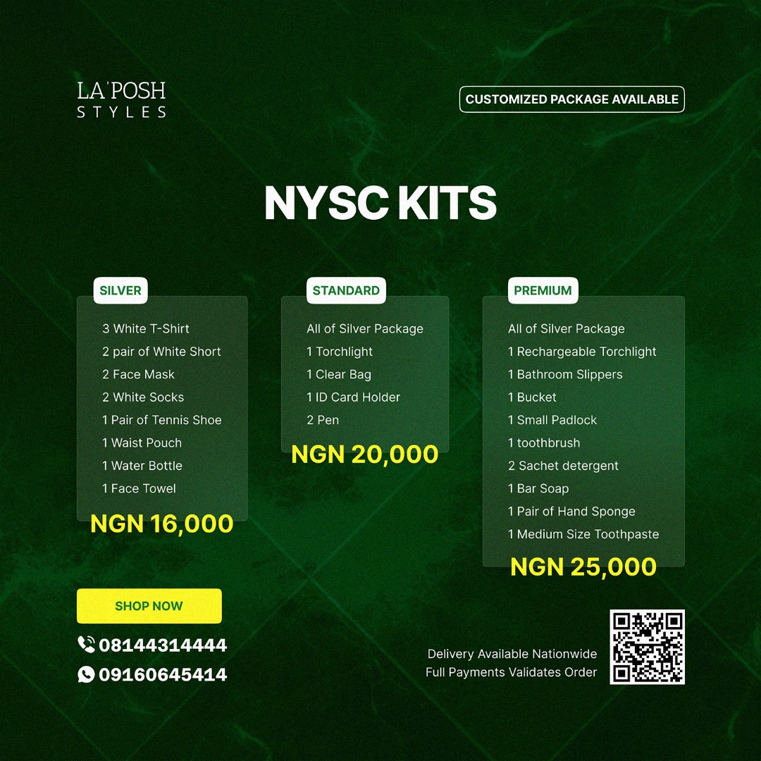 laposhstylez's tweet photo. @GistsmateMedia The Laposh kit is packed with all the essentials you need to make your service year a breeze. 
No need to worry about forgetting anything, with the NYSC kit, 
 click the below link to make your order👇
https://t.co/LhFjZYY87c https://t.co/WltTuuwlPq