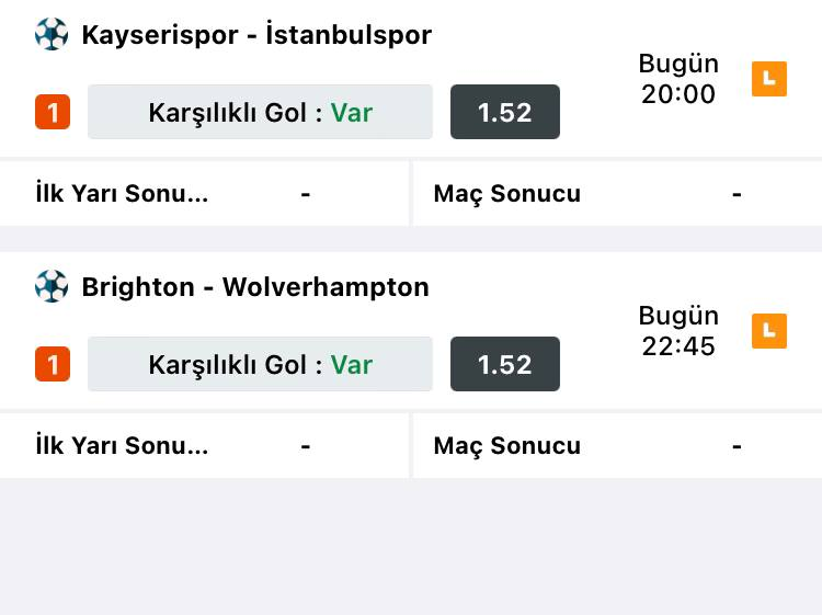 İstanbulspor'un düşmesi kesin gibi O yüzden genelde maçlarında gol atabiliyor. Kayseri'de karşılık verir. 
Brighton Wolverhamton denk takımların maçı goller karşılıklı olabilir.  
t.me/+COvz8gKmA6pjO…
#iddaa #iddaci #iddaatahmin #bahis #kupon