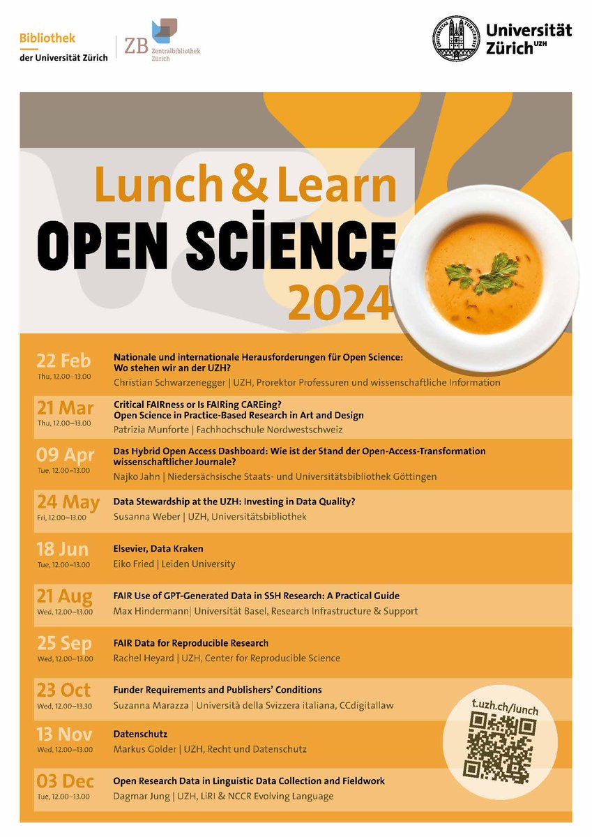 The 'Lunch & Learn Open Science' series of events organized by @uzh_ub is entering the next round. Every month you can get insights into various aspects of #OpenScience. Register now: veranstaltungen.ub.uzh.ch/en/page/lunch-…