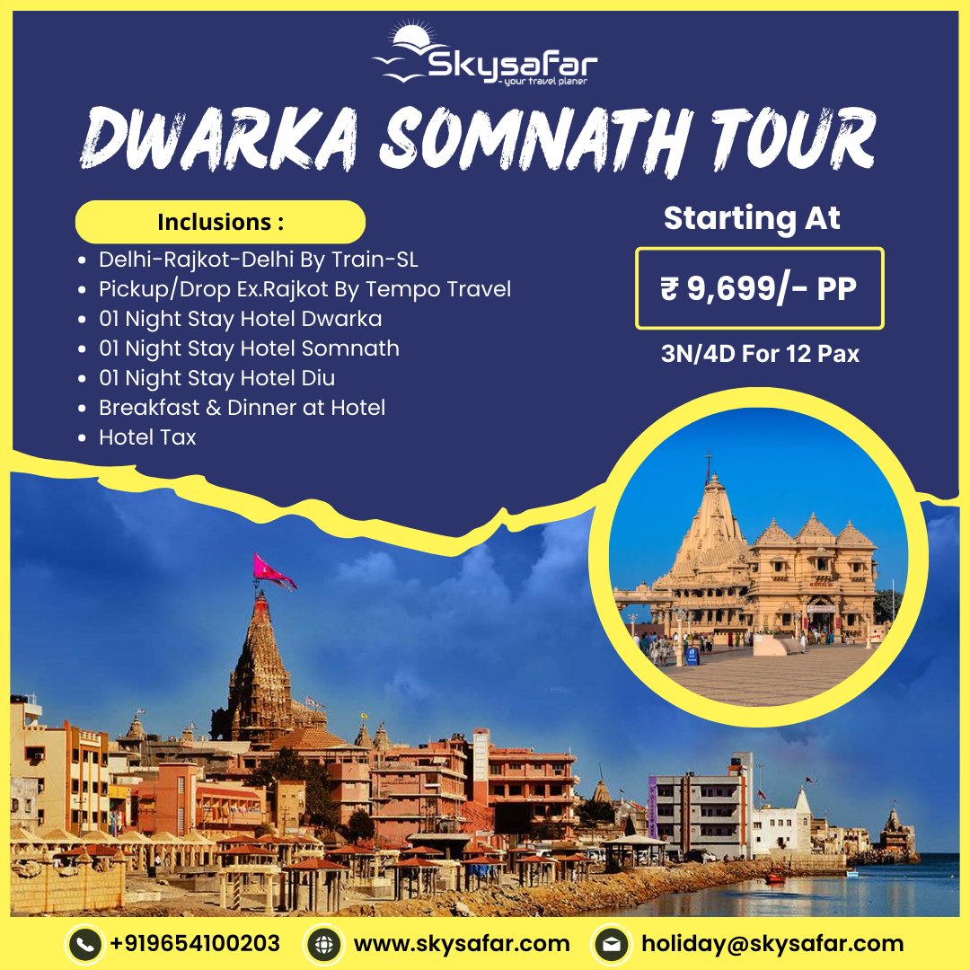 Dwarka Somnath Tour
Call for Bookings : 9654100203
Email : support@skysafar.in
Web : skysafar.com
Whatsapp : wa.me/9654100203
#skysafar #DwarkaSomnathTour #SpiritualOdyssey #IndianCulturalTapestry #MythicalCity #SacredJourney #CaptivatingIndia