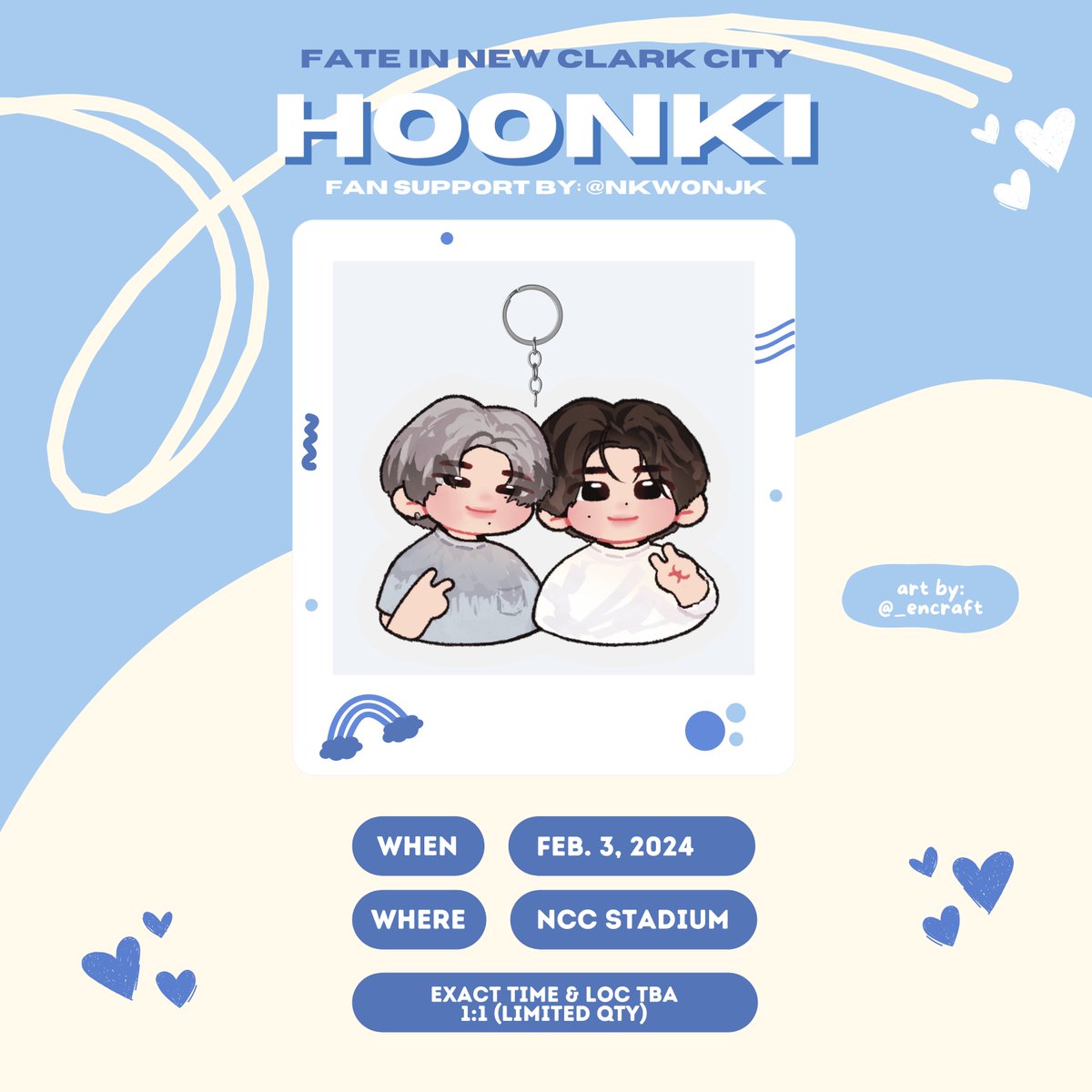 nkhoonjk's tweet photo. ✨🌀✨ HOONKI KEYCHAIN ✨🌀✨
— fan support for ni-ki and sunghoon by @nkwonjk

﹡ 1:1 (limited qty)
﹡ ncc stadium
﹡ exact time &amp; location tba

#FATE_IN_NEWCLARKCITY #NI_KI #SUNGHOON https://t.co/TsCzGQjPlP