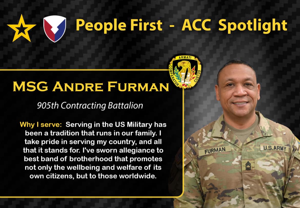 Master Sgt. Andre Furman of the 905th Contracting Battalion, 419th Contracting Support Brigade, is this week's #ACCSpotlight! He is the operations NCO in charge and is responsible for development and implementation of concepts of training and readiness for contingency operations.