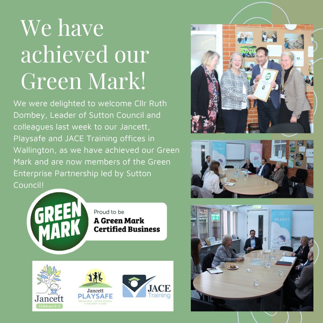 We have achieved our Green Mark and enjoyed a visit last week from Cllr Ruth Dombey, @LeaderSutton to discuss the Green Enterprise Partnership initiatives! #greenmark #jancett #jancettplaysafe #jacetraining #SUTTON