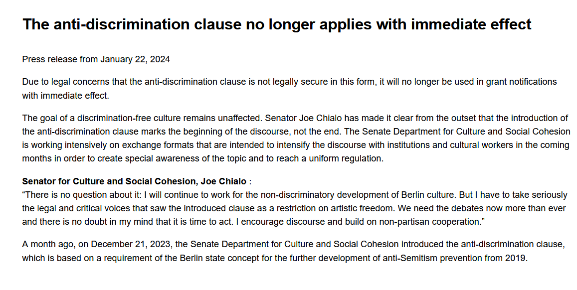 Breaking: Berlin drops the IHRA clause - which limits criticism of Israel -from cultural funding applications after sustained protest from artists 'I have to take seriously the legal and critical voices that saw the clause as a restriction on artistic freedom' Senator @ChialoJoe