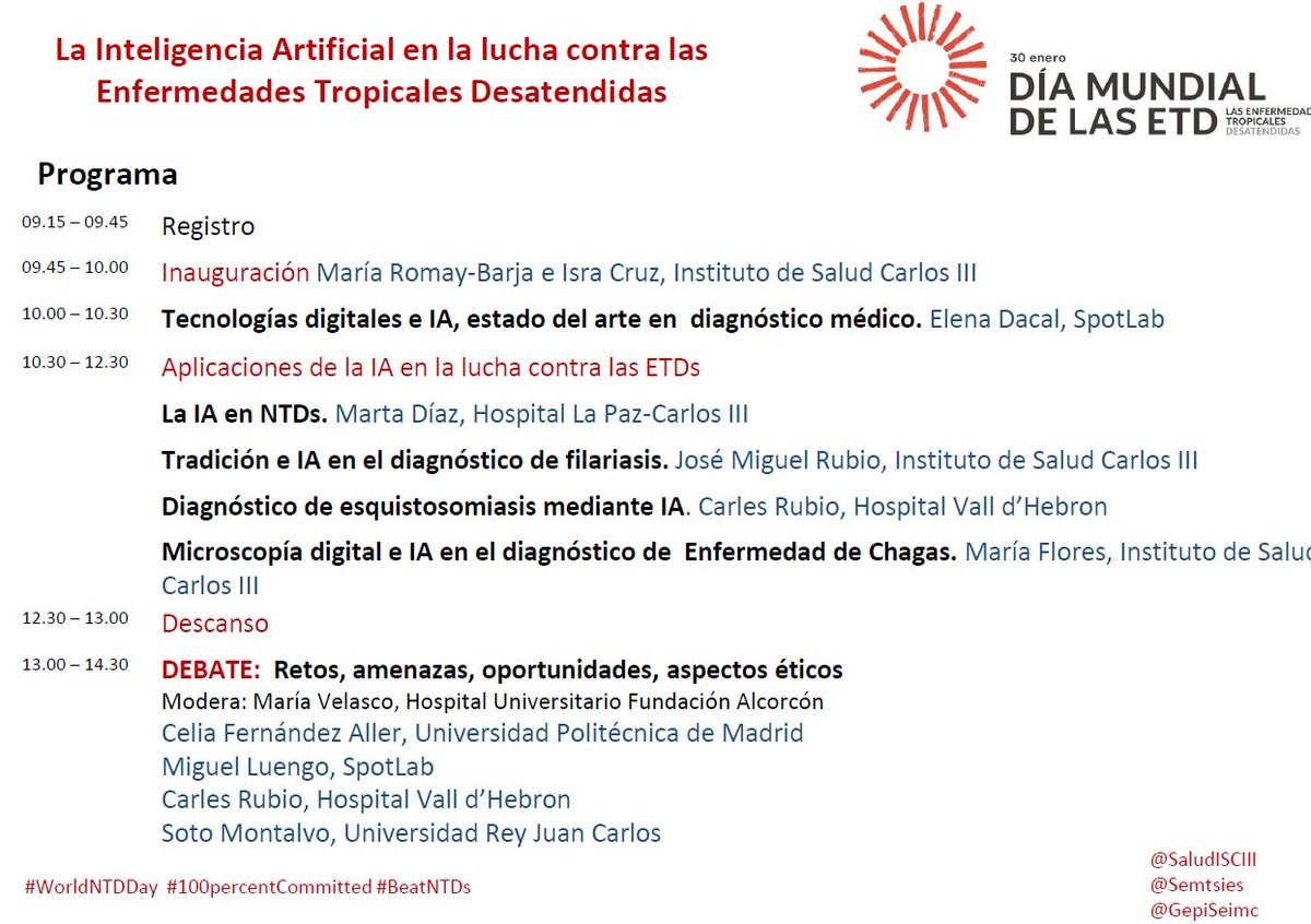 Este 30 de enero celebramos el Día Mundial de las Enfermedades Tropicales Desatendidas #WorldNTDDay con la sesión sobre 'La #InteligenciaArtificial en la lucha contra las Enfermedades Tropicales Desatendidas' @SaludISCIII @GepiSeimc @Semtsies ##100percentCommitted #BeatNTDs