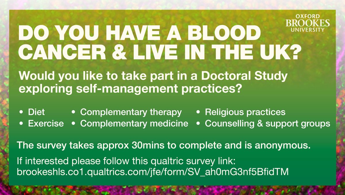 Usually Monday plea... Just under half way for recruiting to this survey. Can you help get the message out there to all those living with a blood cancer diagnosis? brookeshls.co1.qualtrics.com/jfe/form/SV_ah… @bloodcancer_uk @LeukUK @LeukaemiaCareUK @MyelomaUK @CLLAdvocates @MPNVoice @MDS_UK