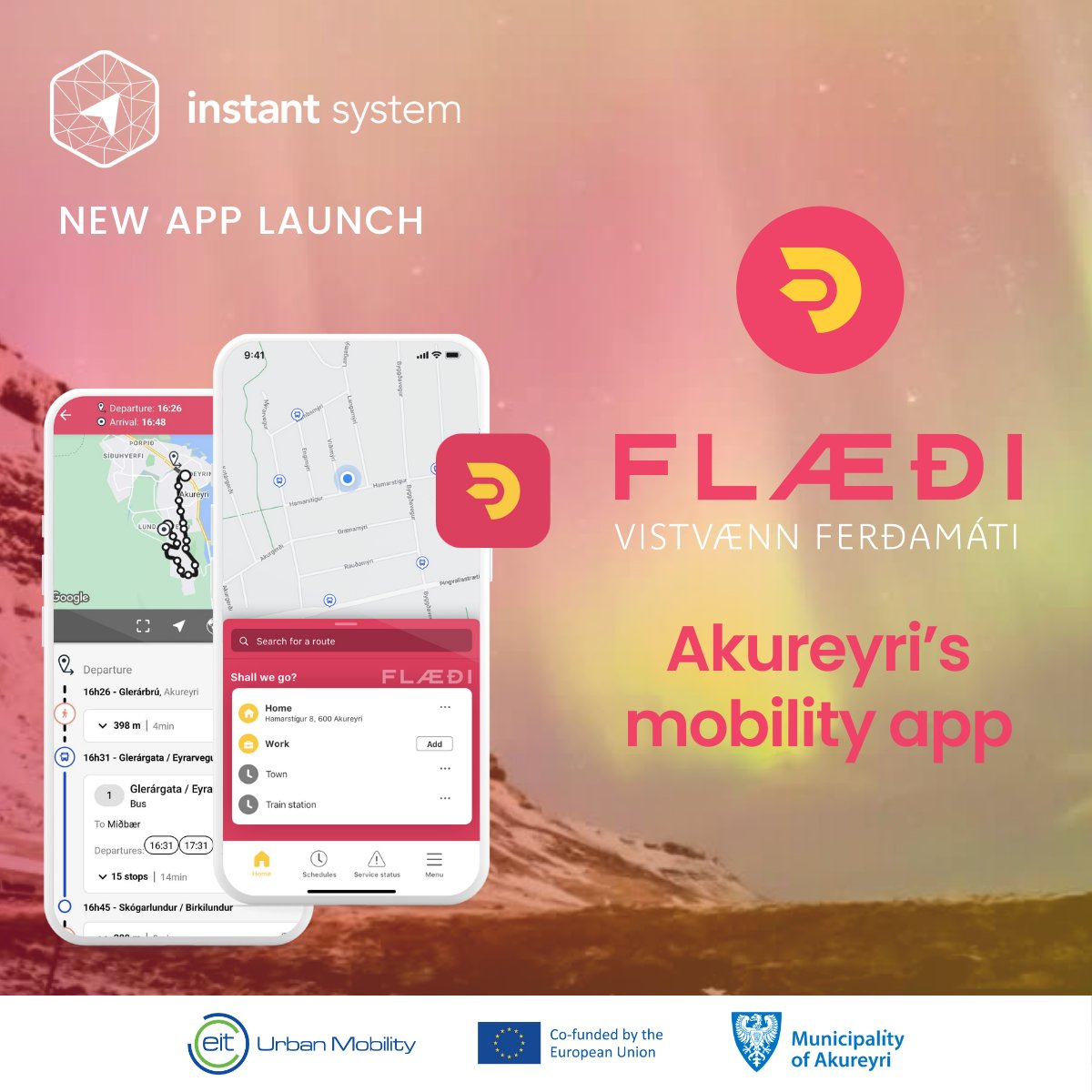 🌋📱[NEW APP OF THE MONTH] 📣We are proud to announce we’ve learnt a new language 🇮🇸 with #Flæði, #Akureyri’s brand new mobility application!

🚍 Enhanced #PassengerInformation
🗺️ #Intermodal route-planner 🚌+🚲+🚶
🚗 Efficient #ParcnRide