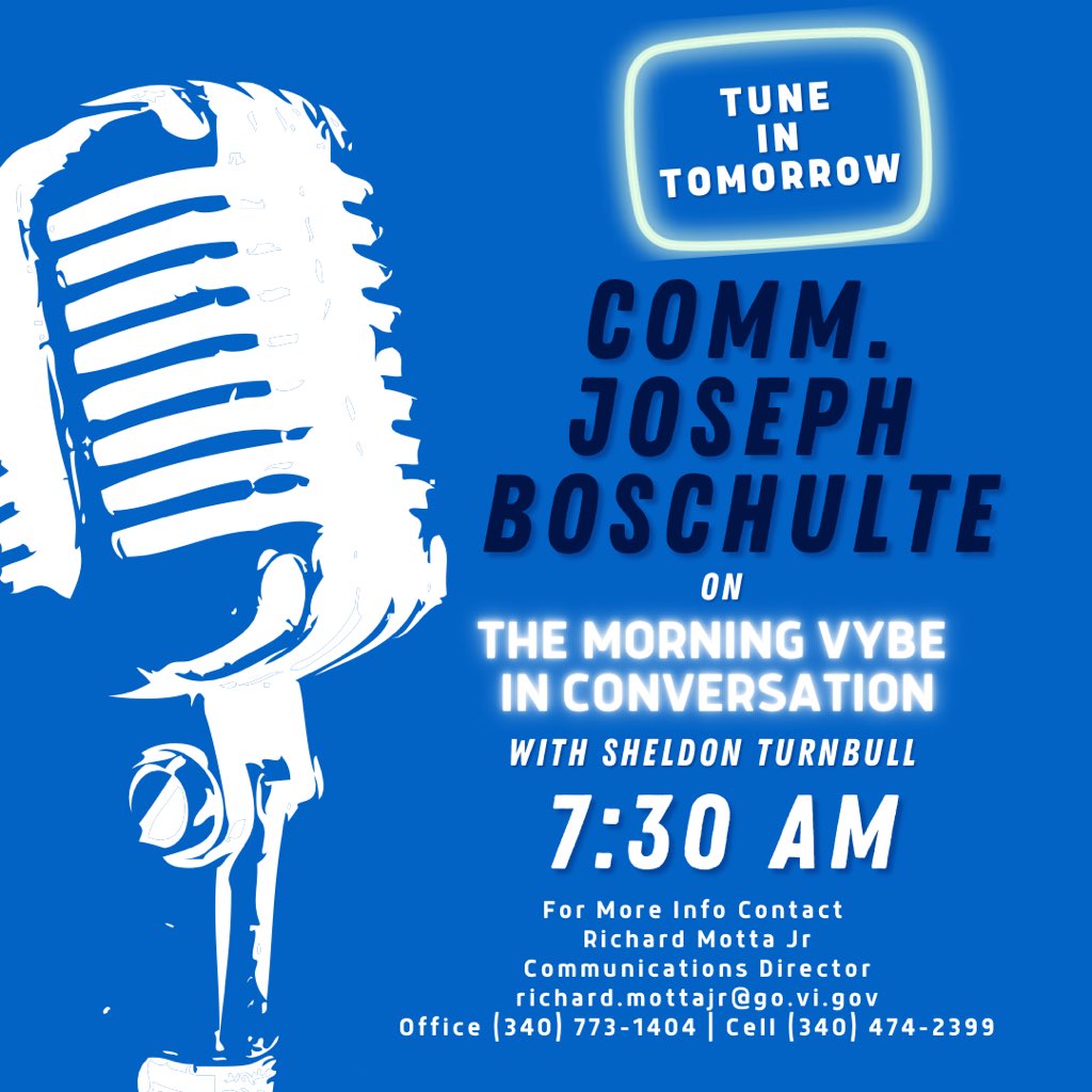 govhouseusvi's tweet photo. Don't miss out! Tomorrow at 7:30 am, Commissioner, Joseph Boschulte of Department of Tourism, will be live on 107.9fm Da Vybe "The Morning Vybe In Conversation" with Sheldon Turnbull
Be sure to tune in!
#gvinewsyoucanuse #GVI #VIPD #usvirginislands #Radiotalk https://t.co/U616rp2MPh