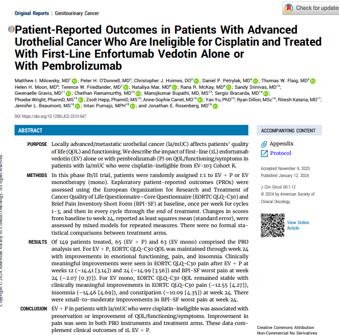 Empowering Results for Urothelial Cancer Patients 📊
🔘First-line enfortumab vedotin (EV) treatments, either alone or with pembrolizumab, show positive impacts on the quality of life, functioning, and symptom relief in cisplatin-ineligible patients with locally…
