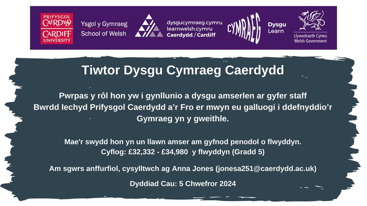 ysgolygymraeg's tweet photo. Mae @LearnCymraegCF yn chwilio am Diwtor ar gyfer swydd newydd.

Cyflog: £32,332 - £34,980  y flwyddyn (Gradd 5)

Am sgwrs anffurfiol, cysylltwch ag Anna Jones  (jonesa251@caerdydd.ac.uk)

Dyddiad Cau: 5 Chwefror 2024

https://t.co/0RTbTm5ees https://t.co/wPzeXYP3MM