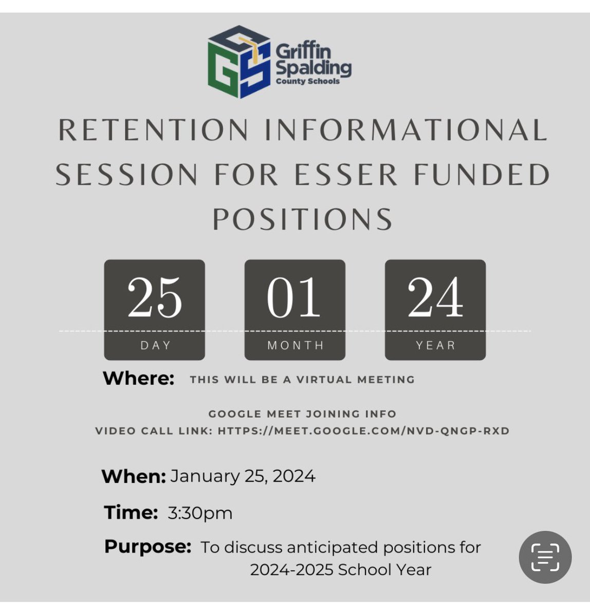 The Human Resources department will host a virtual informational session for ESSER funded positions on Thursday, January 25, 2023. Please see the flyer and your school/department leader for more details.
