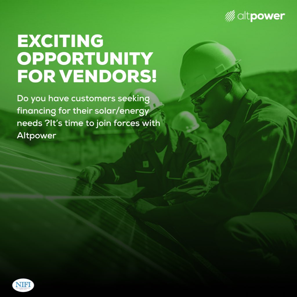 altpowerng's tweet image. Attention Solar Vendors and Installers !
Got customers in need of financing? This is an exciting opportunity to bring solar solutions to more homes.
Swipe to find out more.

#BeInCharge #AltPower #VendorsCall #SolarOpportunity