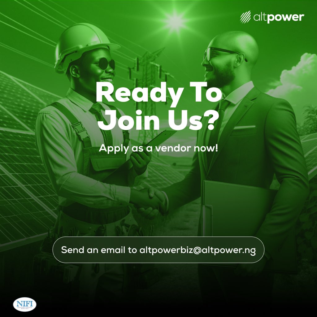 altpowerng's tweet image. Attention Solar Vendors and Installers !
Got customers in need of financing? This is an exciting opportunity to bring solar solutions to more homes.
Swipe to find out more.

#BeInCharge #AltPower #VendorsCall #SolarOpportunity
