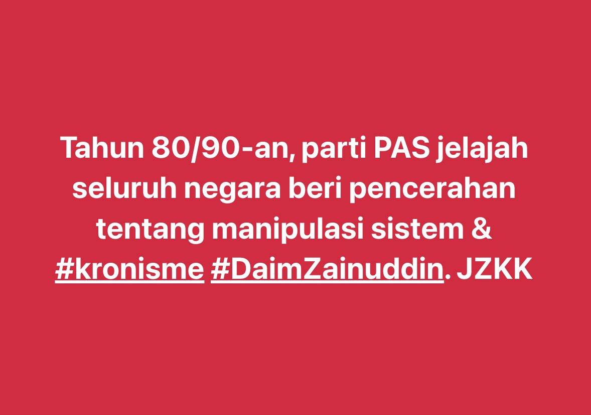 Tabik hormat kepada <a href="/PASPusat/">PAS Pusat</a>  jelajah seluruh negara sekitar tahun 80/90/2000-an, beri pencerahan tentang manipulasi sistem &amp; #kronisme #DaimZainuddin. JZKK