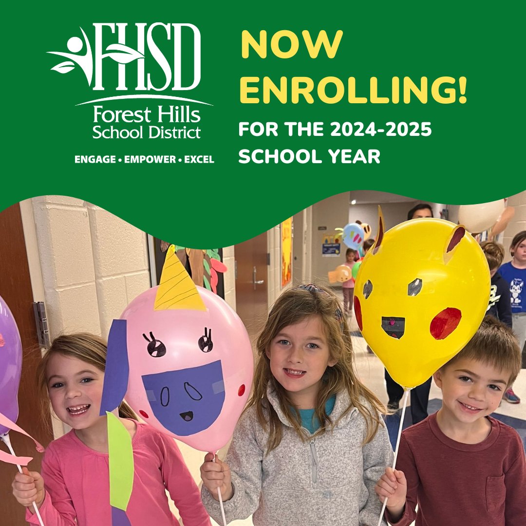 🏫📢 NOW OPEN: registration for kindergarten and all other grade levels! Forest Hills School District is now enrolling for the 2024-2025 school year.

Please head to our website to begin the enrollment process: foresthills.edu/departments/re…