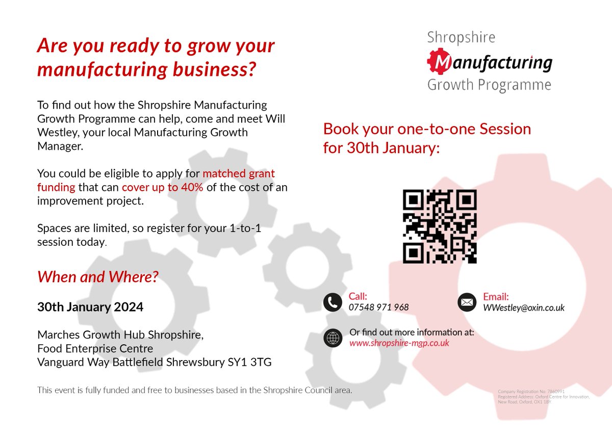 On 30th Jan, come along &amp; meet Will Westley, Manufacturing Growth Manager for Shropshire, to discuss how your company can access a 40% matched business improvement grant.
<a href="/ShropCouncil/">Shropshire Council</a> <a href="/marcheshub/">Marches Growth Hub</a> <a href="/OI_Advice/">Oxford Innovation Advice</a>
