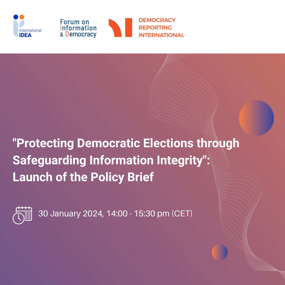 📢 2024 is a massive year for elections globally.

On 30 January, <a href="/DemocracyR/">Democracy Reporting International</a>, <a href="/Forum_InfoD/">Forum on Information & Democracy</a> &amp; <a href="/Int_IDEA/">International IDEA</a> will launch a Policy Brief with recommendations to protect democratic elections in the constantly evolving digital information ecosystem.

Register ➡️ surveymonkey.com/r/39JF9QG