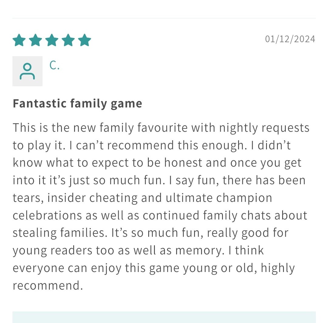 🌟 Grateful for this recent review! It always makes us happy hearing how much families enjoy our game and kids learn the art of winning...and losing gracefully. 😄 Your support means the world to us! 🙏 #Gratitude #HappyFamilies 🎉