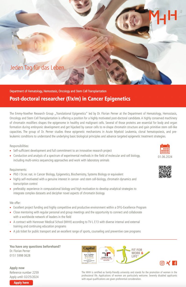 We are hiring!
My laboratory at Hannover Medical School is searching for a motivated postdoc to join our team for the work on a highly competitive research project in the field of chromatin biology in pre-malignant hematopoiesis.
Interested? Apply here: tinyurl.com/ysdxu7de