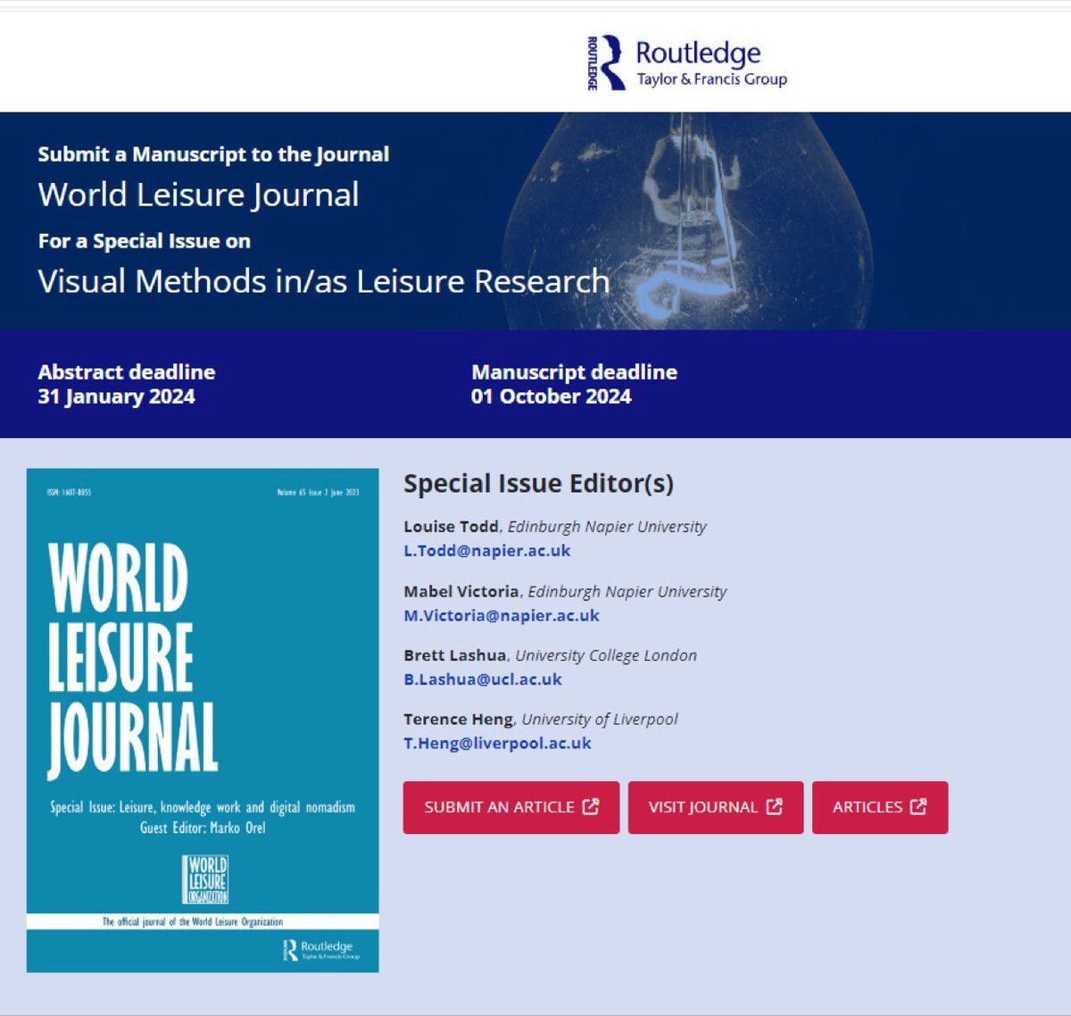 📢 Next week closes the CALL for a SPECIAL ISSUE on "Visual Methods in/as Leisure Research".

Deadline for Abstract: 31 Jan.24
Submission instructions here: shorturl.at/gpyEW

#trc #leisure #researchmethods #visual #research