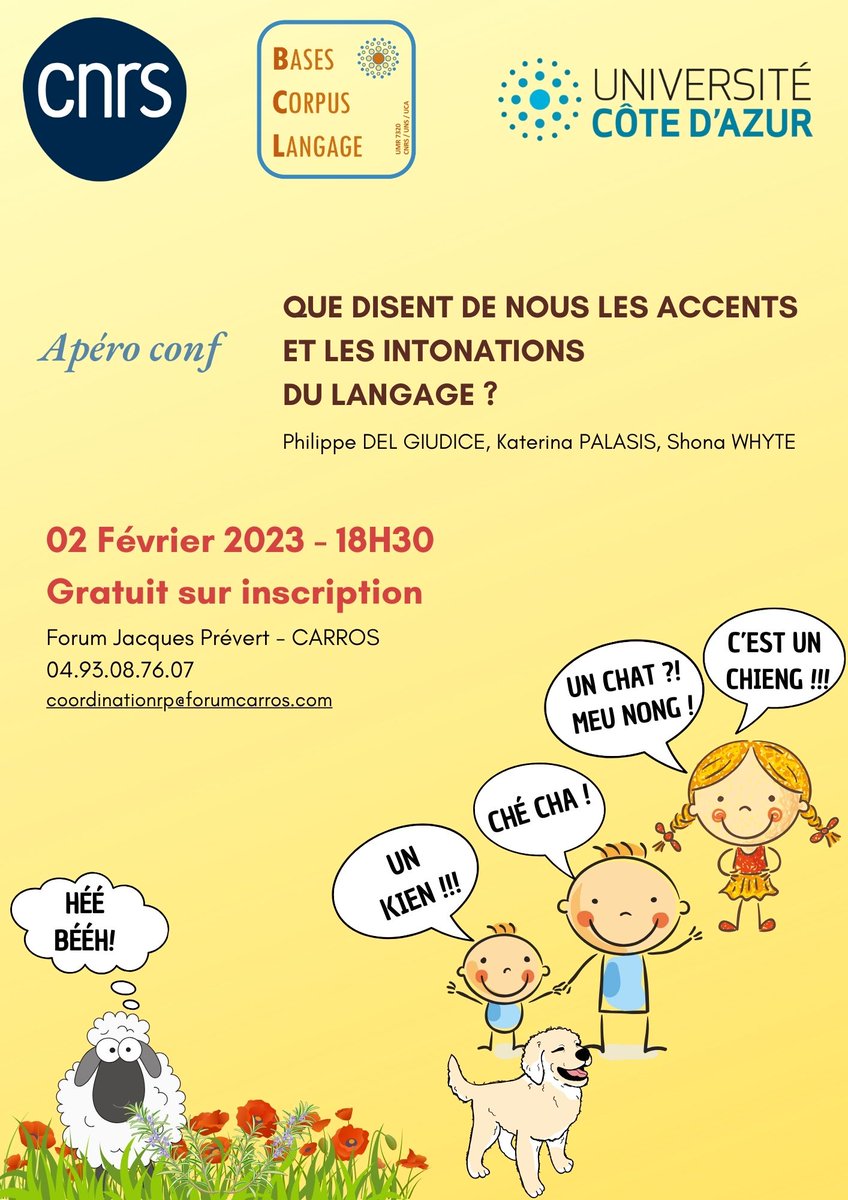 🍸[APÉRO-CONF !]🎤🧑‍🎓
🗓️02 Février - 18H30
📍<a href="/afjpcarros/">forumjacquesprevert</a>
Venez nombreux échanger avec notre #DreamTeam #PhilippeDelGiudice #Katerinapalasis <a href="/whyshona/">Shona Whyte</a>  
En after pour les amateurs: #Théâtre avec la pièce "Parler pointu".
⚠️N'oubliez pas votre #Accent‼️
bcl.cnrs.fr/article1914