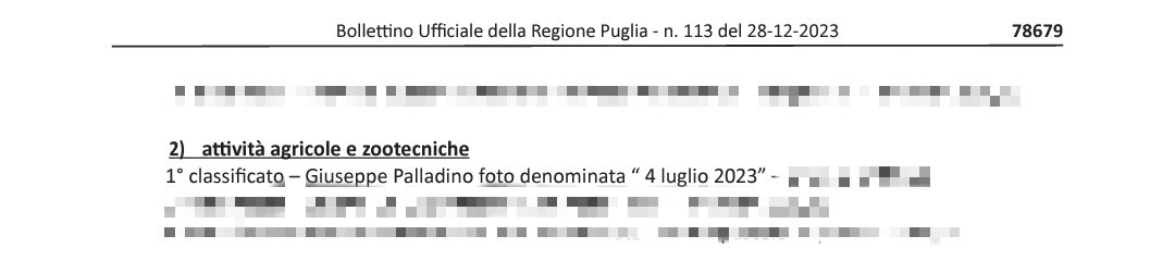 Una sorpresa inaspettata:ti contatta la Regione Puglia per annunciarti come Primo Classificato al concorso fotografico PSR-punti rurali della Puglia, sul tema "attività agricole e zootecniche". . Una bella soddisfazione per il mio territorio.

Seguirà cerimonia di premiazione