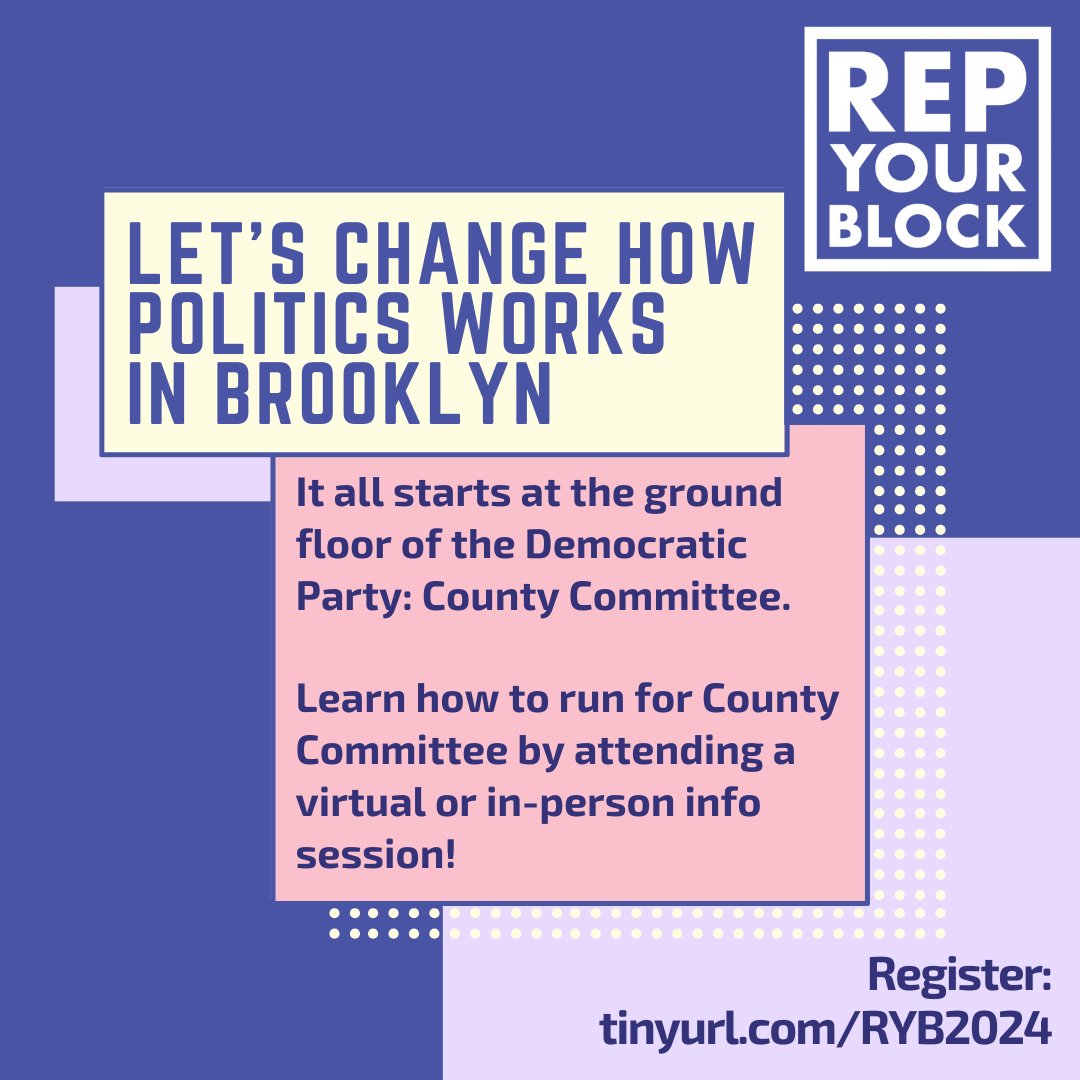 Our work to build a better Brooklyn Democratic Party is well underway. To keep it going, we need your help! If you're want to learn how to #RepYourBlock, now's the time. We're hosting several info sessions in the coming weeks where you can dive in. tinyurl.com/RYB2024 🧵