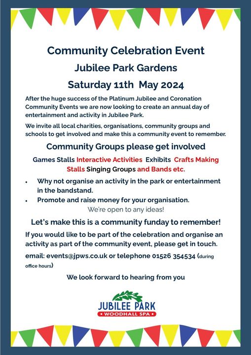 RAF Coningsby HIVE (@coningsbyhive) on Twitter photo Calling All Local Community Groups, Clubs, Charities, Schools & PTAs, Bands and Singing Groups.
Please get involved with the Community Celebration Event in Jubilee Park and make this a day to remember!
To register an interest please email events@jpws.co.uk Calling All Local Community Groups, Clubs, Charities, Schools & PTAs, Bands and Singing Groups.
Please get involved with the Community Celebration Event in Jubilee Park and make this a day to remember!
To register an interest please email events@jpws.co.uk