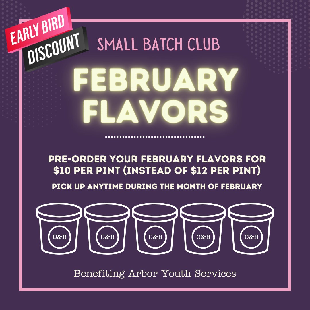 THE EARLY BIRD PRE-ORDER SALE IS ON for our FEBRUARY SMALL BATCH CLUB FLAVORS. Pre-order pints for $10 each before they launch in store for $12 on February 1.

PRE-ORDER LINK 👉🏼cbonlinesstore.square.site/product/februa… 👉🏼 

Pre-Orders will open Jan. 22 and close Monday, Jan. 29.