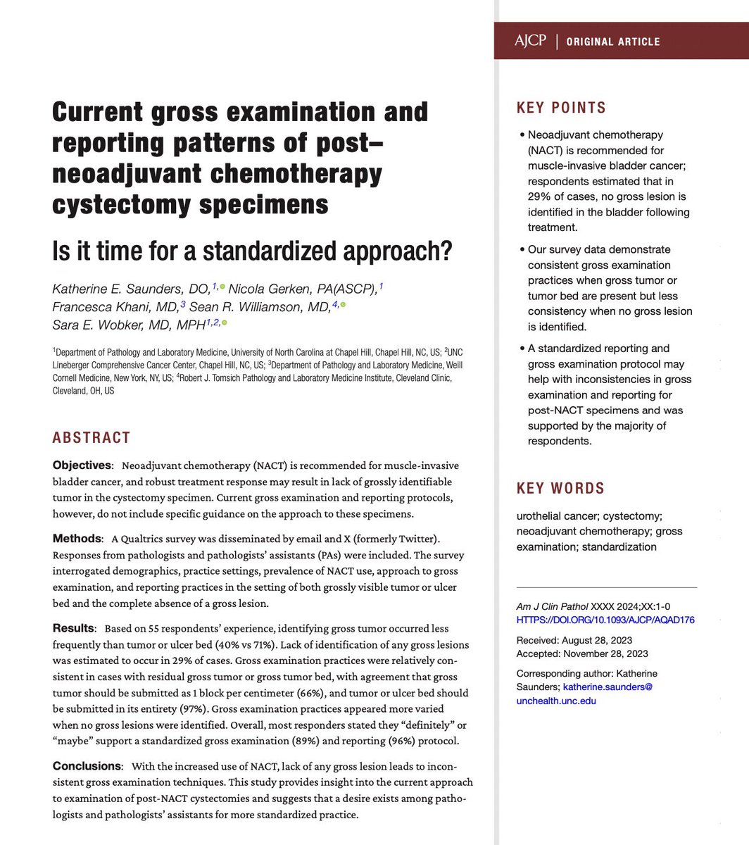 Katrina Collins, MD || Pathologist (@katcollmd) on Twitter photo 👩🏻💻#readinglist #pathreads
<a href="/KatieSaundersDO/">Katie Saunders, DO</a> @SaraEWobker
📊 Inconsistent examination in post-NACT cystectomies with no gross lesion
🗳️ Majority supports standardized protocols #gupath #pathtwitter
📄 academic.oup.com/ajcp/article-a… 👩🏻💻#readinglist #pathreads
<a href="/KatieSaundersDO/">Katie Saunders, DO</a> @SaraEWobker
📊 Inconsistent examination in post-NACT cystectomies with no gross lesion
🗳️ Majority supports standardized protocols #gupath #pathtwitter
📄 academic.oup.com/ajcp/article-a…
