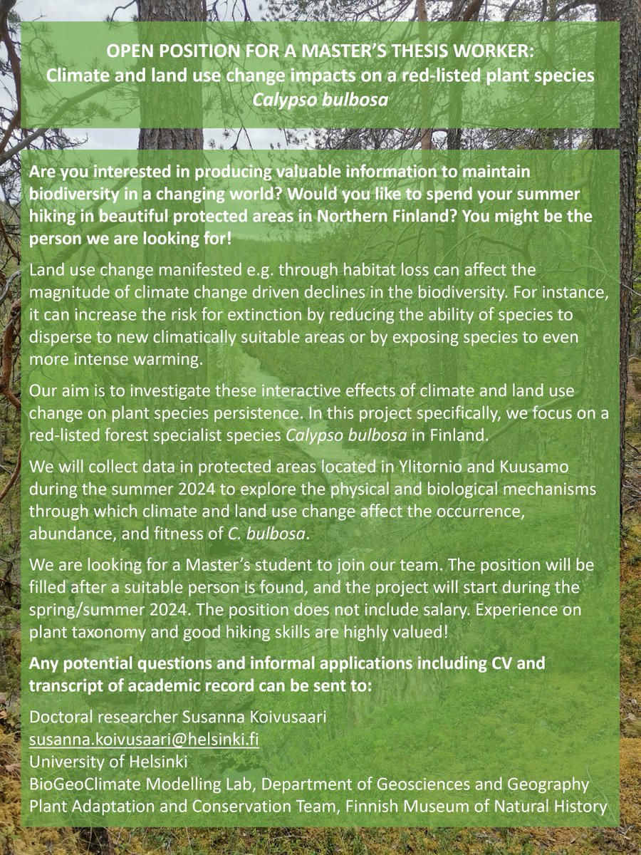 Are you a master's student interested in producing valuable information to maintain biodiversity in a changing world? Would you like to spend your summer hiking in protected areas in Northern Finland? You might be the person we are looking for! #thesisworker