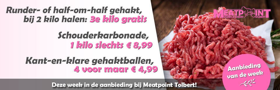 MeatpointNL's tweet image. Deze week in de aanbieding bij Meatpoint Tolbert:

- Runder- of half-om-half gehakt, bij 2 kilo halen: 3e kilo gratis!
- Schouderkarbonade, 1 kilo slechts €8,99!
- Kant-en-klare gehaktballen, 4 voor maar €4,99!

Kijk ook op onze website: meatpointtolbert.nl