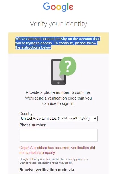TechsRAR's tweet image. Hello @gmail @Google 
When trying to login, after the 2 factor authentication code, I face the error in the screenshot below.  I enter my number and get this error, This Phone Number Cannot Be Used for Verification. Is their a way to restore it.