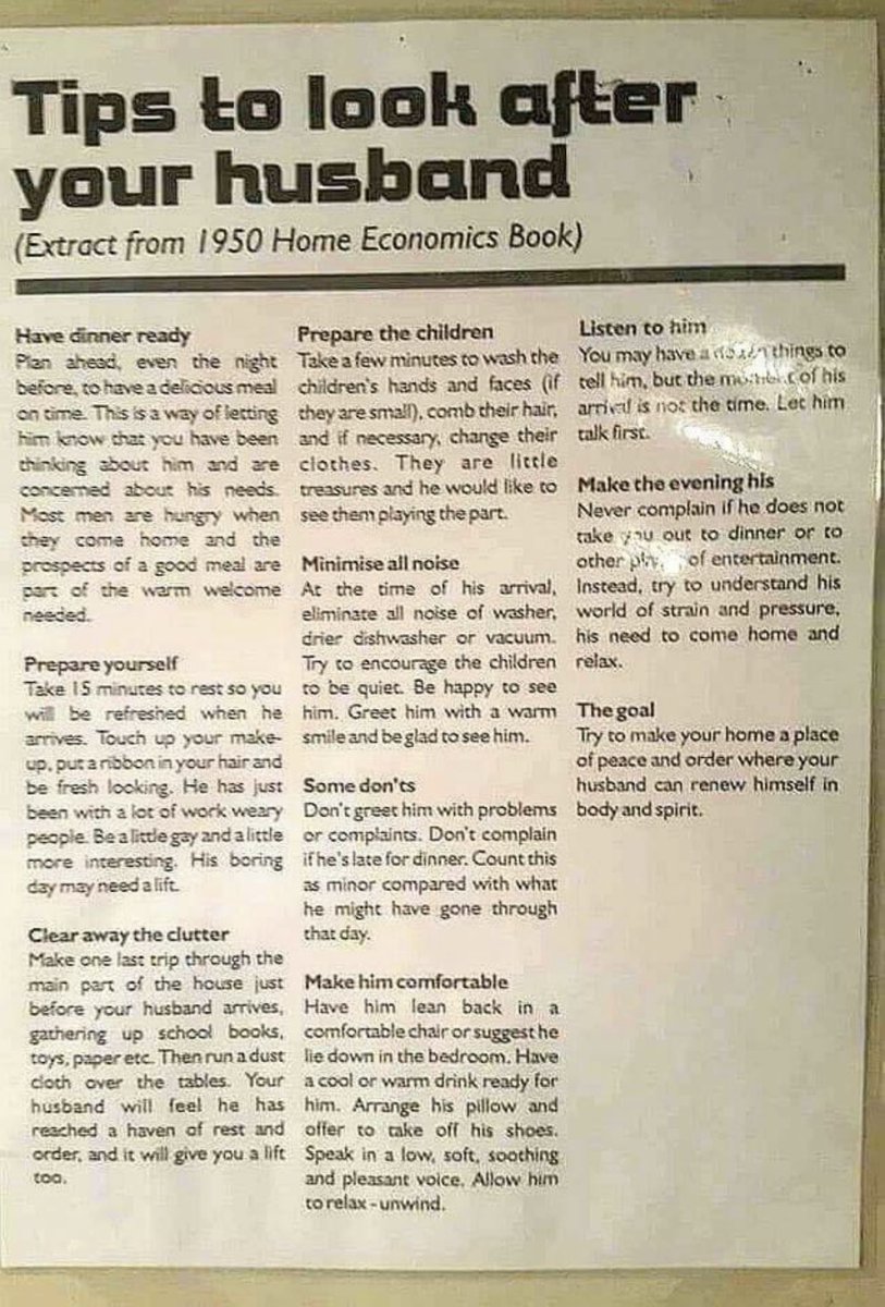 What a time to be alive this must of been #1950s #HomeEconomics #Tipstolookafteryourhusband