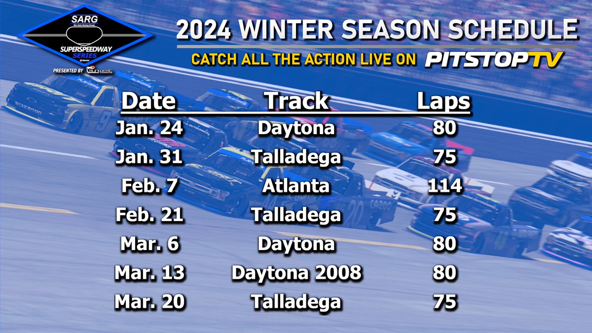 sargofficial's tweet photo. 7 races. 7 chances to put your name at the top of the list. Your SARG Superspeedway Series Pres. by Sunwest Construction 2024 Winter Season schedule!

#iRacing #simracing https://t.co/ruAhaNBf8Z