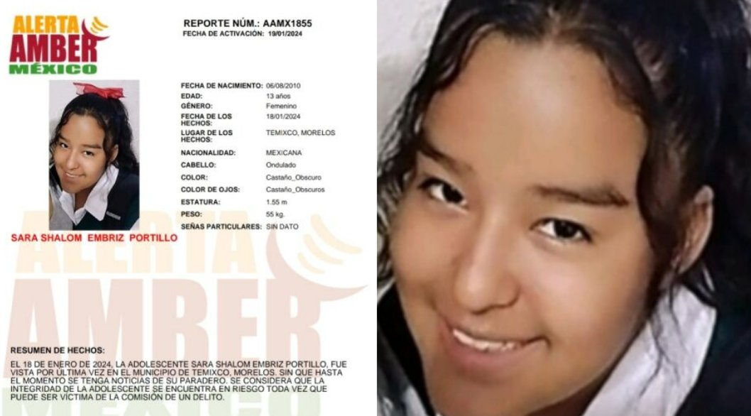 AztecaNoticias's tweet photo. #AlertaAmber | Sara Shalom desapareció en #Temixco, Morelos; temen por su seguridad.

¿Tienes información que ayude a dar con su paradero? ¡Comunícate con las #autoridades!

https://t.co/4ZpWnpw9YJ https://t.co/OjHSNTlN2W