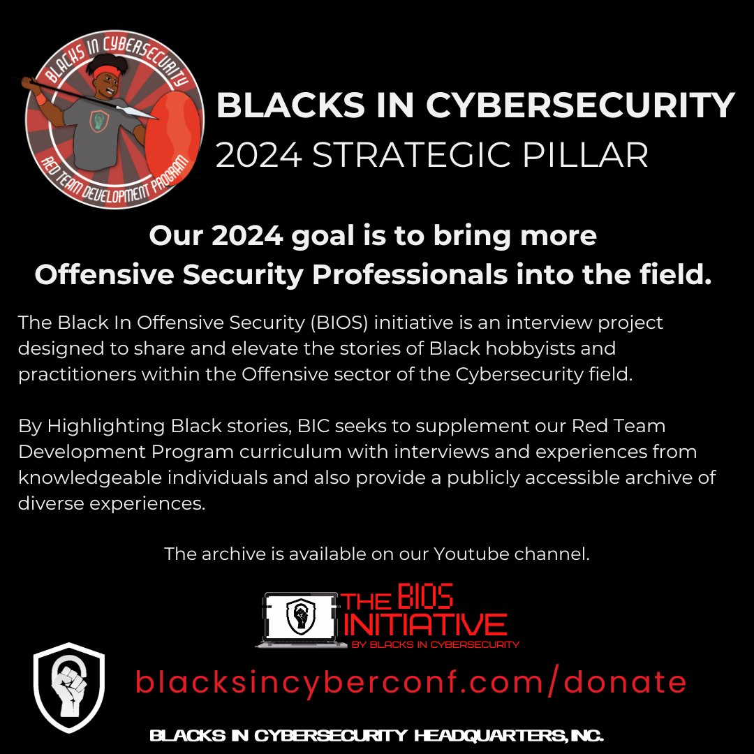 BlackInCyberCo1's tweet photo. This initiative is a media project designed to share and elevate the stories of Black hobbyists and practitioners within Offensive Security! ⚔️
#BlacksInCyber #BIC_CTF #BICCTF #CaptureTheFlag #BICREDTEAM #APTBLACK #BIC_CLADP #BIC_RTDP #BlacksInCybersecurity https://t.co/XxrVqu7lk1