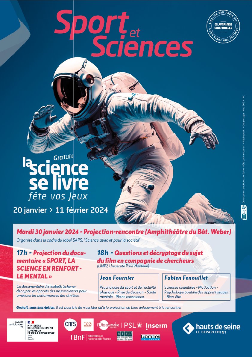UParisNanterre's tweet photo. ⚛️Les neurosciences au service des performances des athlètes ?
La "science se livre" et vous propose une projection/échange en accès libre autour du sujet passionnant des sciences qui rencontrent le sport !
#LSSL2024 @hautsdeseinefr @UPN_Recherche
https://t.co/R2RK5ZZ8MT https://t.co/bzx929Qz4k