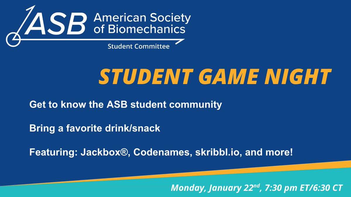 AmSocBiomech's tweet photo. 📢📢#ASBStudents     

TODAY IS THE DAY! Join us for networking and games tonight. 

🗓️ Monday, January 22nd    
⏰7:30 pm ET/6:30 pm CT   
💻https://t.co/vH4WQ24Nta https://t.co/4WJOrhK0He