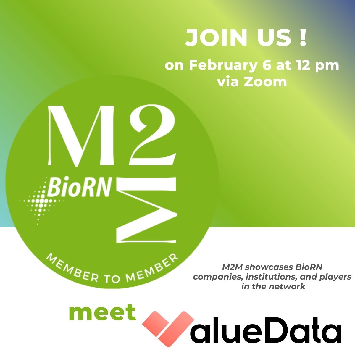 📅 𝙊𝙣 𝙁𝙚𝙗𝙧𝙪𝙖𝙧𝙮 𝟲  𝙬𝙚 𝙬𝙞𝙡𝙡 𝙨𝙩𝙧𝙚𝙖𝙢 𝙖𝙩 𝟭𝟮𝙥𝙢 (via Zoom) 🎥
join the next M2M Member to Member featuring ValueData. We talk about #AI based cell screening.

Registration via: bit.ly/3SutNm5