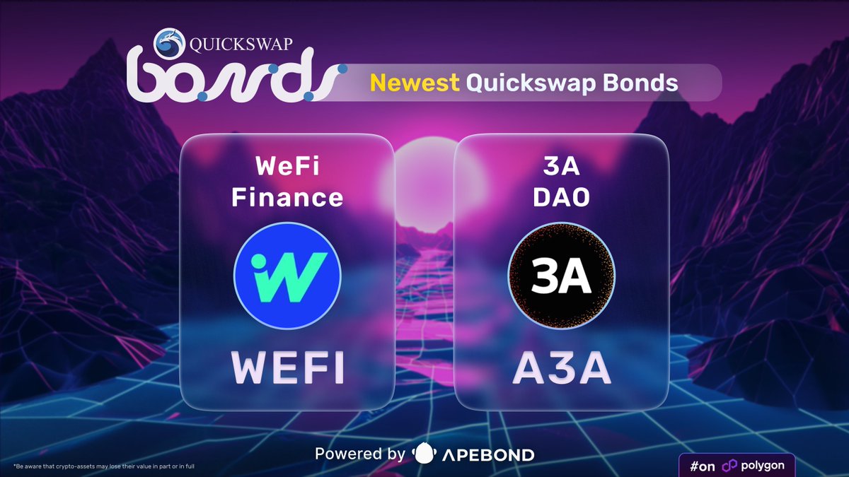 2 new Bonds for @wefi_xyz @3aaaDAO are now live on QuickSwap! ⚡️ Get $WEFI  at a ~3.47% discount (Reserve Bond) by purchasing with $ETH. Purchase #A3A  at a ~3% discount (Liquidity Bond)