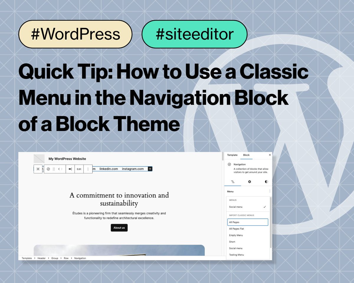 trewknowledge's tweet image. Switching from a classic theme to a block theme in #WordPress doesn&apos;t mean saying goodbye to your familiar menus. Dive into @gutenbergtimes&apos; quick tip to effortlessly integrate your existing menu into the Navigation block. 

👉 ow.ly/4QQq50Qrm12
#blockeditor #siteeditor